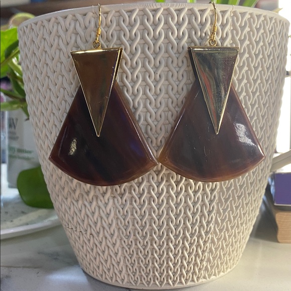 Jewelry - Geometric Gold & Brown Fan Drop Earrings 2 inch